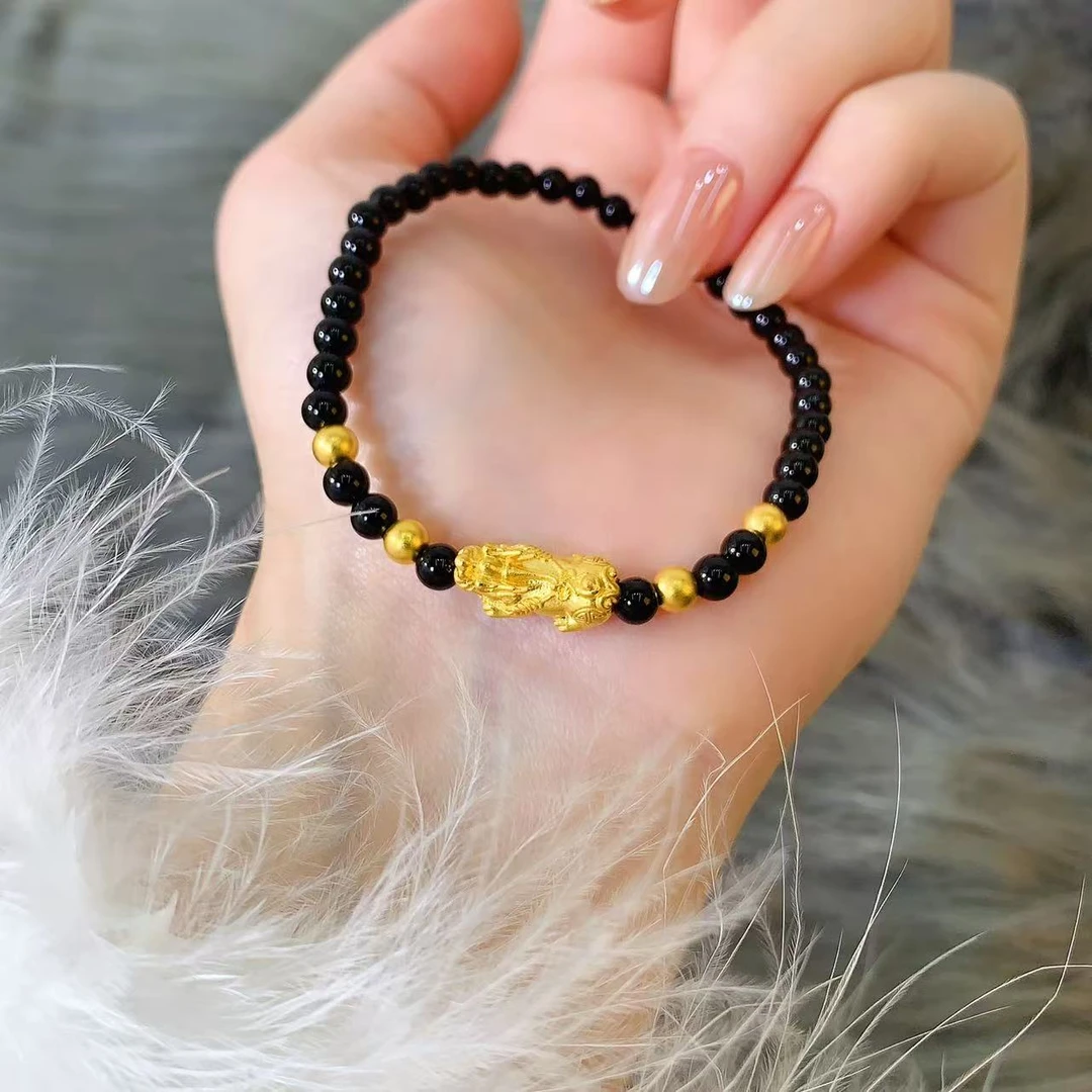 【伟新源】足金999 古法硬金工艺 黑珠貔貅手串3.69克（附加50）