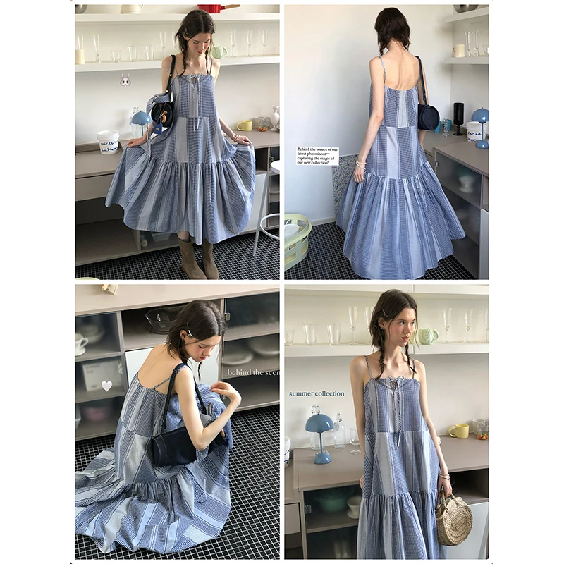 Letm 生动的春夏‘复古拼接格纹条纹布100棉吊带连衣裙女