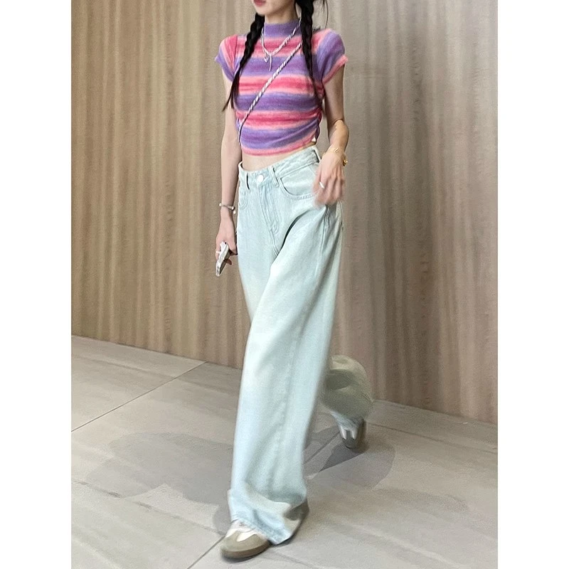 美式浅色牛仔裤女夏季薄新款直筒宽松高腰美式休闲阔腿慵懒风裤子