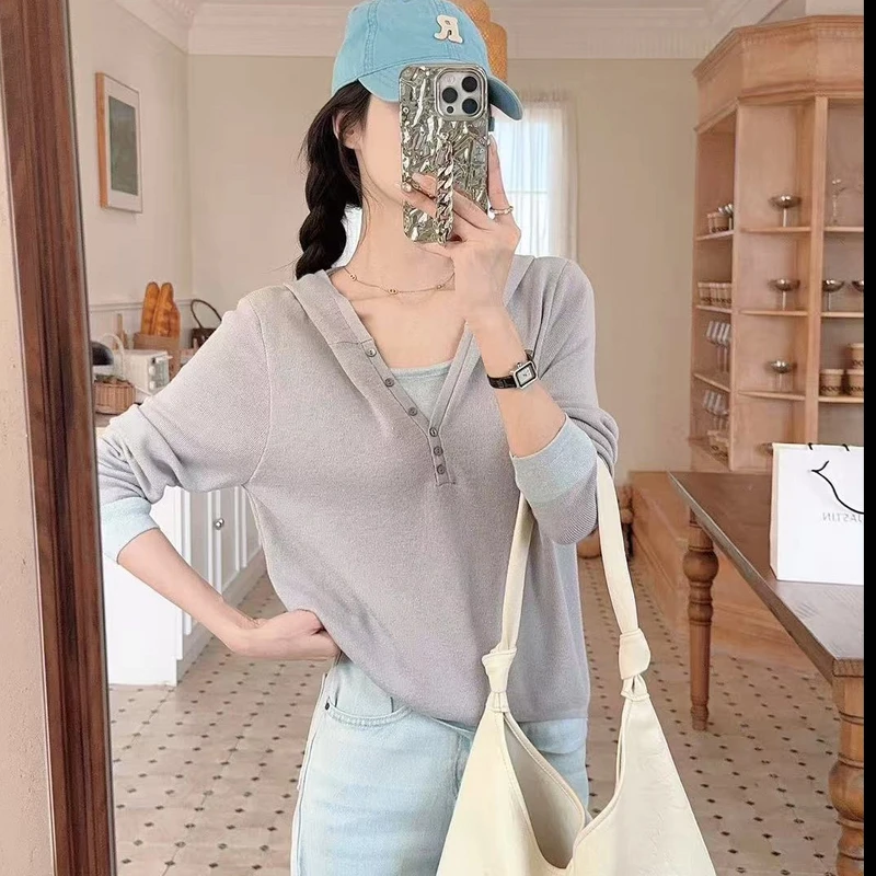 气质宽松慵懒假两件连帽针织衫女春秋2025新款软糯温柔风灰色上衣