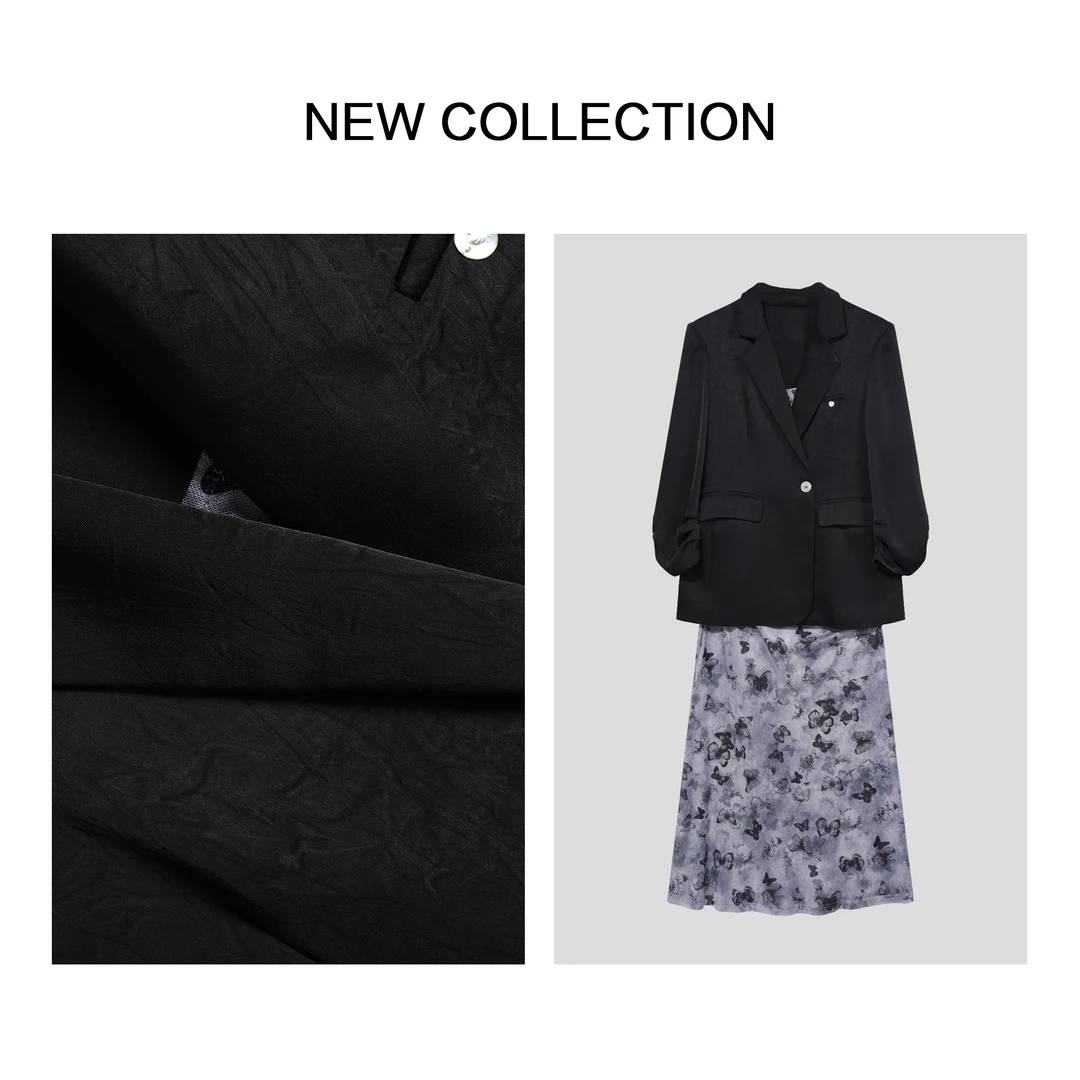 【龙哥专属】D3F39071B 春季黑色西装+灰色蝴蝶纹连衣裙套装 2320