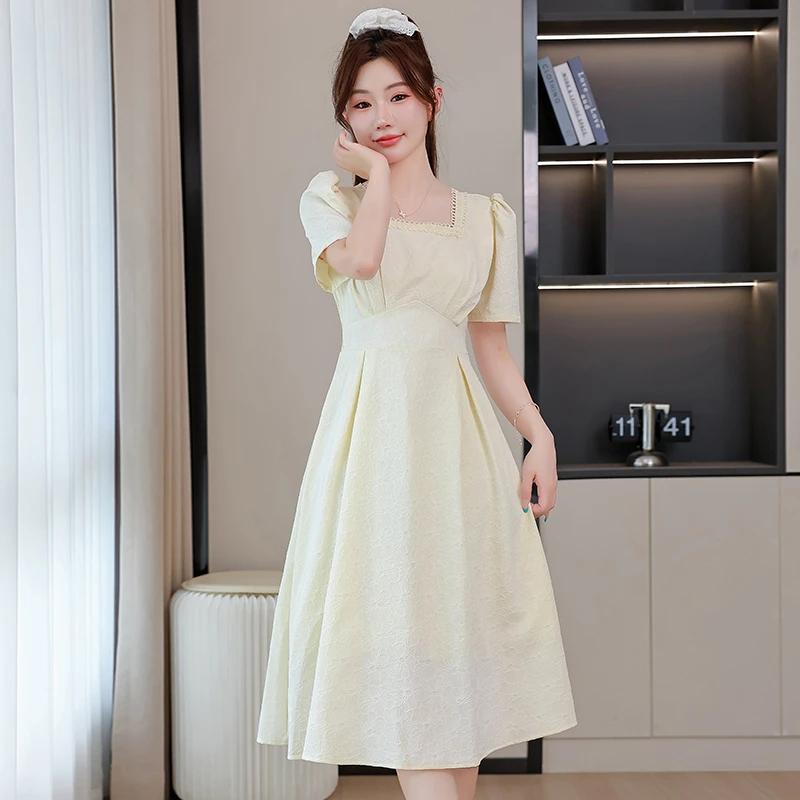 大码赫本风高端提花方领连衣裙夏季法式气质显瘦白色仙女长裙9262