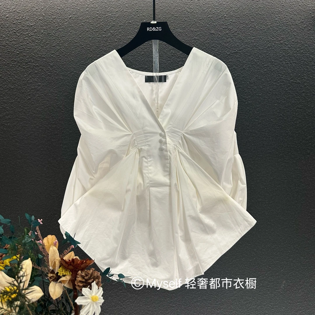 [BeckyM定制]拼接常规不褪色落肩袖衬衫百搭小衫白色褶皱