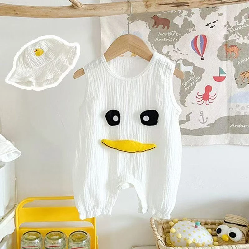 婴儿衣服薄款套装夏装纱布小鸭无袖连体衣春款女宝宝春秋背心