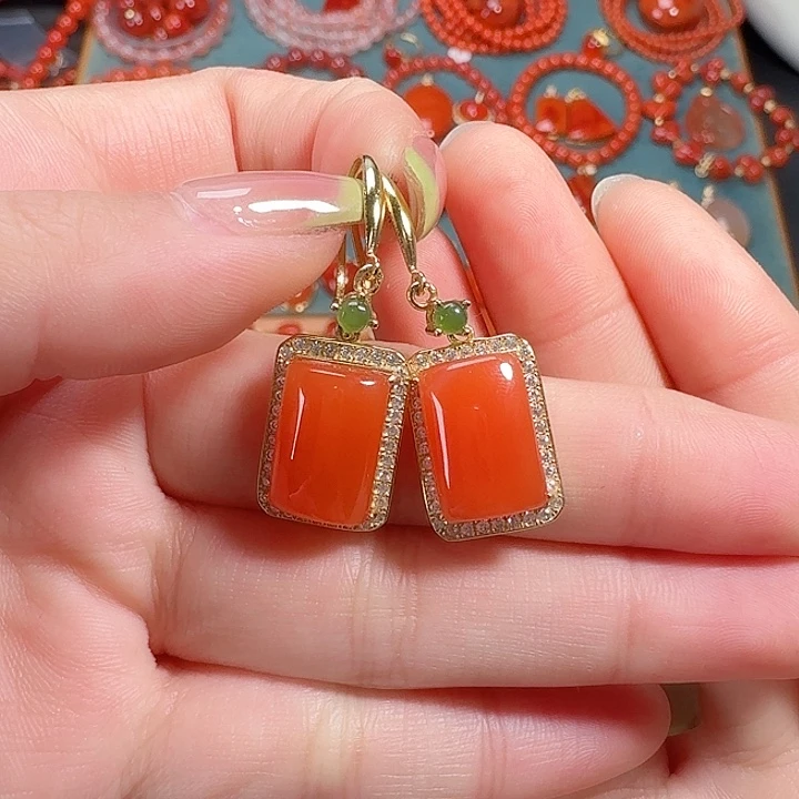 南红玛瑙银S925镶嵌耳饰