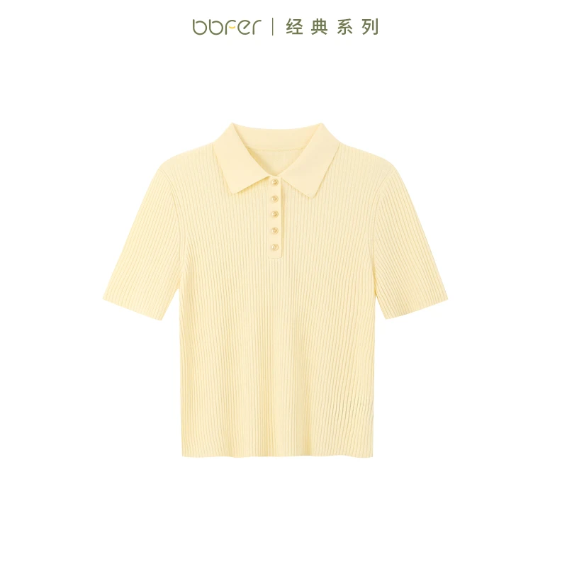 本依凡夏季女士短袖针织衫WESZZ0035纯色套头衫POLO领合体百搭