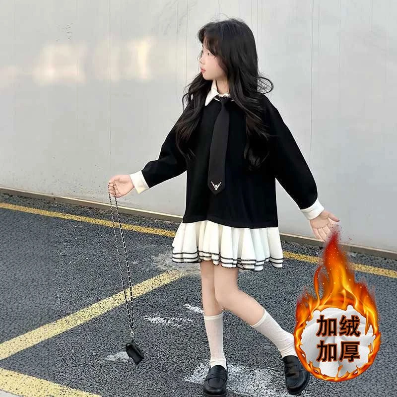 女童拼接连衣裙2025秋冬新款韩版女孩洋气小香风polo领公主裙潮裙