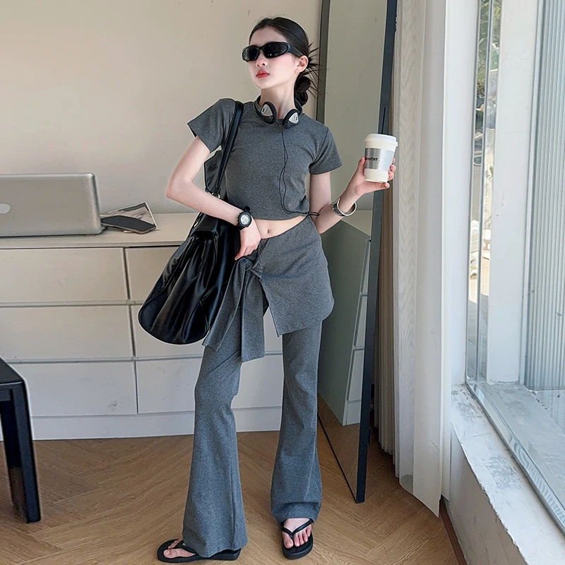 女童休闲套装2025夏季新款设计感灰色短袖显瘦屁帘微喇裤两件套潮