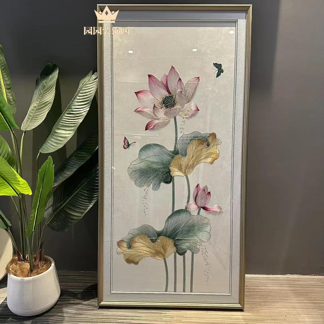 立体珠绣【翠影荷花】织锦绣成品简约轻奢玄关装饰画进门苏绣壁画
