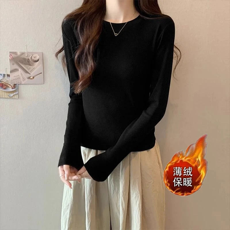 独特美式辣妹长袖t恤女秋冬打底衫薄绒保暖圆领修身收腰弹力上衣