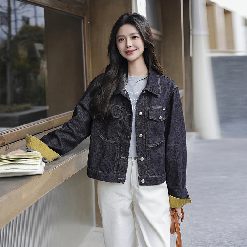 2025春秋新款短款拼接水洗牛仔外套小个子长袖设计感复古夹克上衣