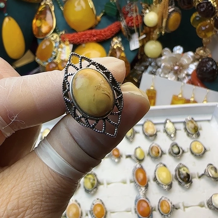 琥珀银S925镶嵌戒指