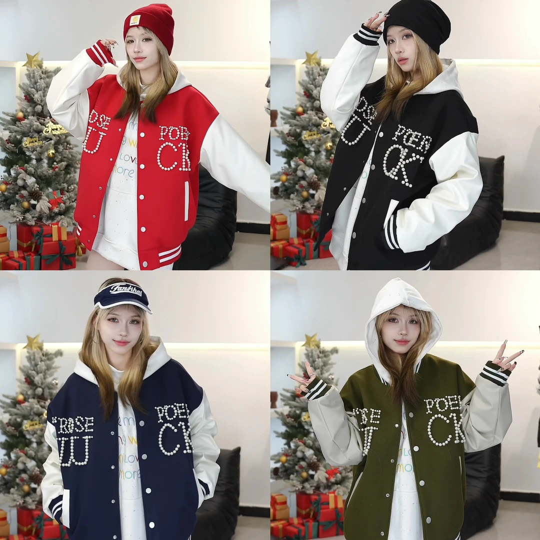 Rosepoem春款国潮牌重磅钉珍珠字母美式拼色棒球服夹克外套男女款