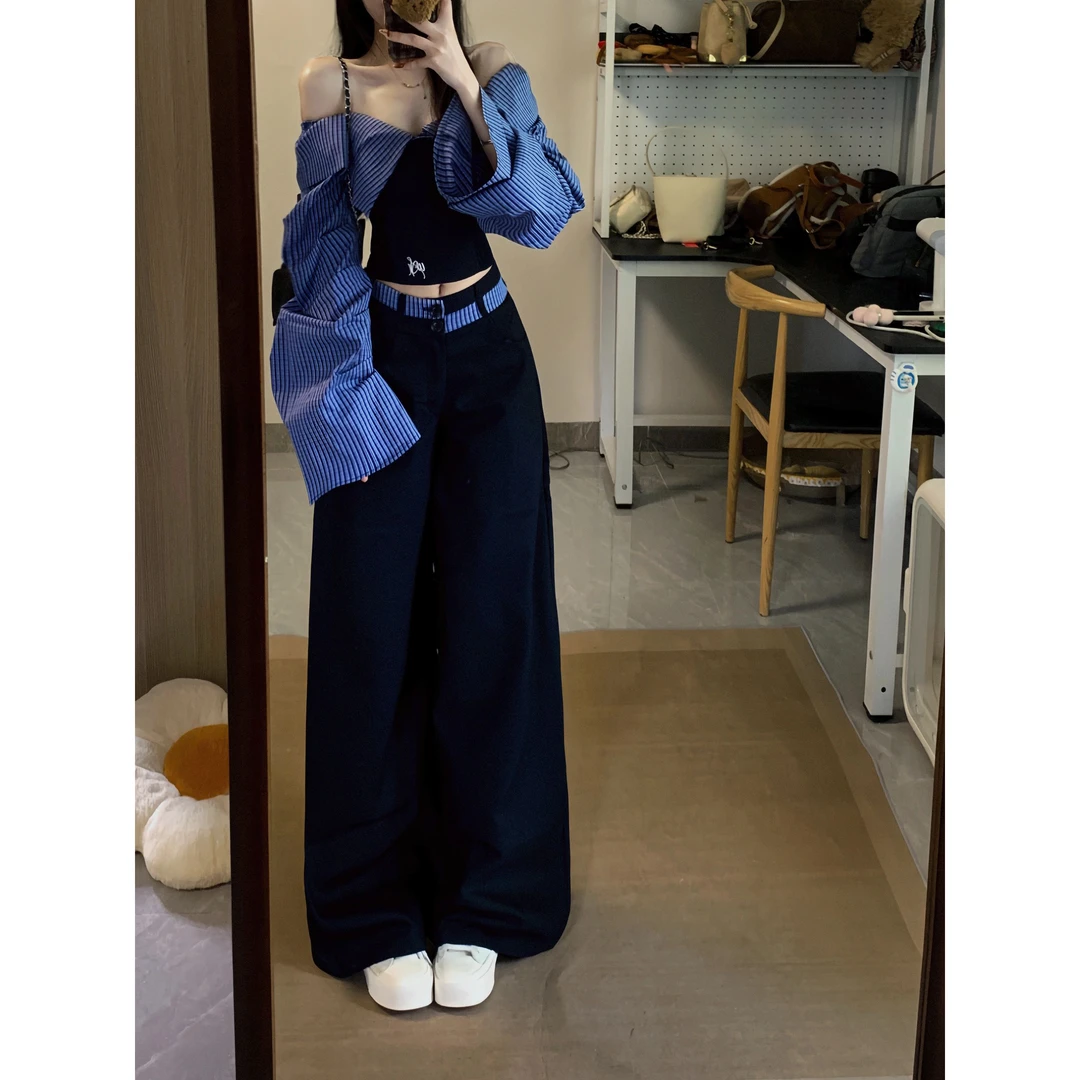 MARIE.COCO春季条纹一字肩长袖衬衫女高腰拼接宽松阔腿长裤两件套