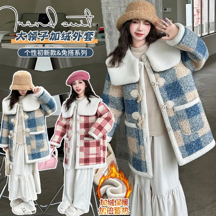 N00159女童冬季加绒加厚呢大衣外套2025年新款中大童儿童保暖女孩
