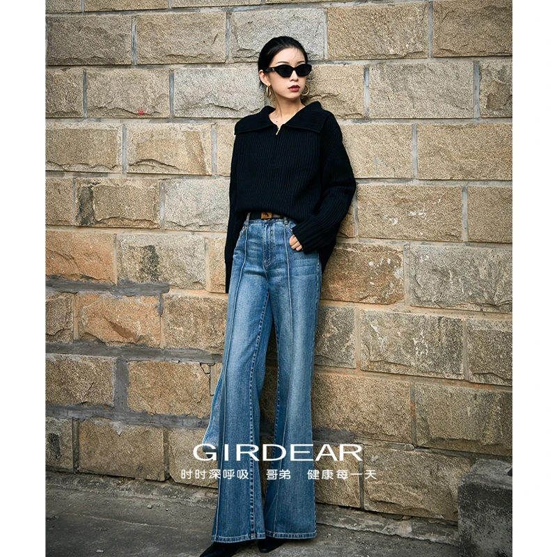 GIRDEAR/哥弟冬季爆款新款高腰复古显瘦气质微喇牛仔裤1196511