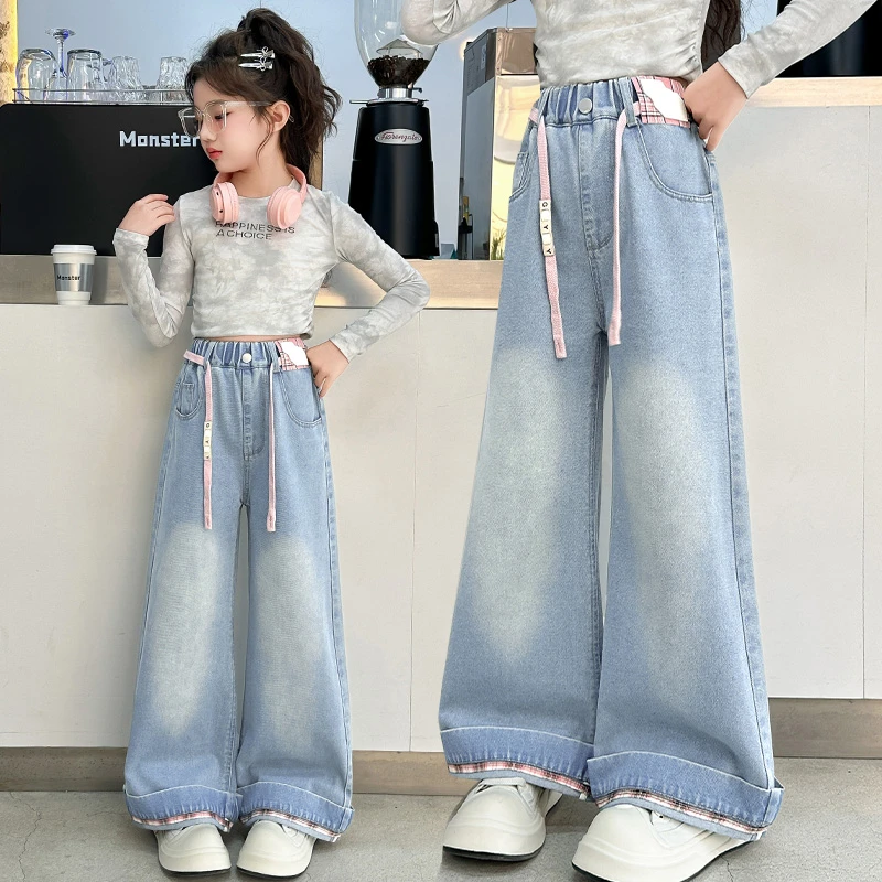 女童春季牛仔裤子2025新款中大童休闲窄版直筒裤儿童春秋款阔腿裤