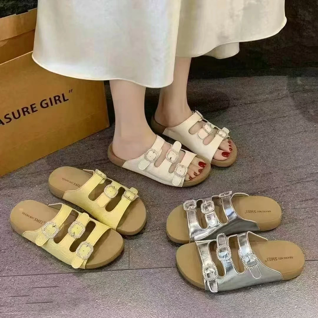 纳帕纹水钻仙女风夏季厚底一字拖百搭外穿女鞋防滑