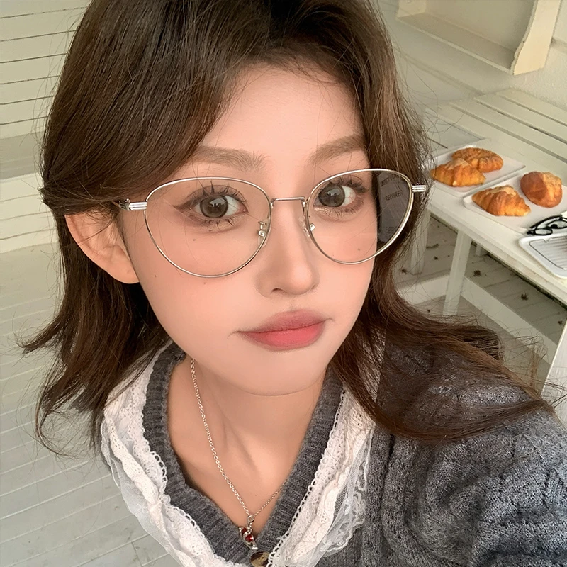 复古猫眼眼镜框高智感金属细边可配度数显瘦防蓝光近视眼镜女文艺
