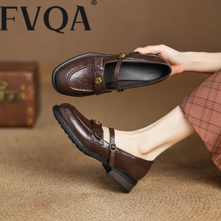 FVQA41-43粗跟单鞋女复古法式平底玛丽珍鞋一字带乐福鞋山茶花