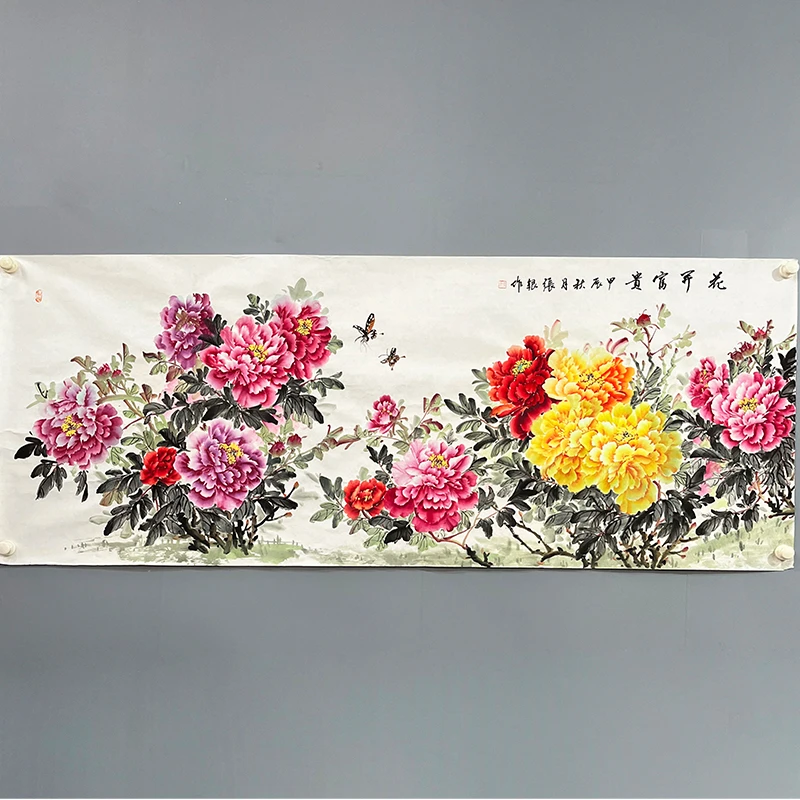 张银手绘国画牡丹横幅小六尺小写意客厅沙发背景墙中式装饰画