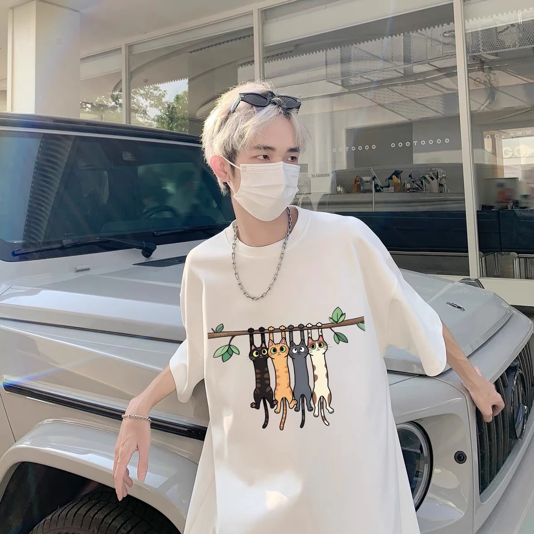 100%重磅纯棉短袖T恤男女同款夏趣味街头小猫上衣宽松男士半袖ZN1