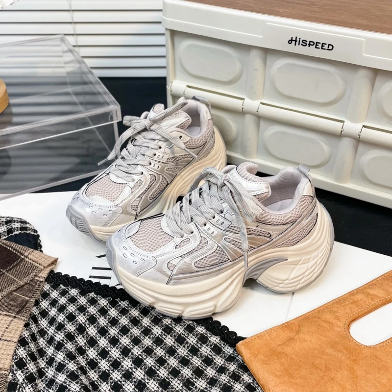 单网透气老爹鞋女超火2025春夏新款显脚小厚底增高百搭运动休闲鞋