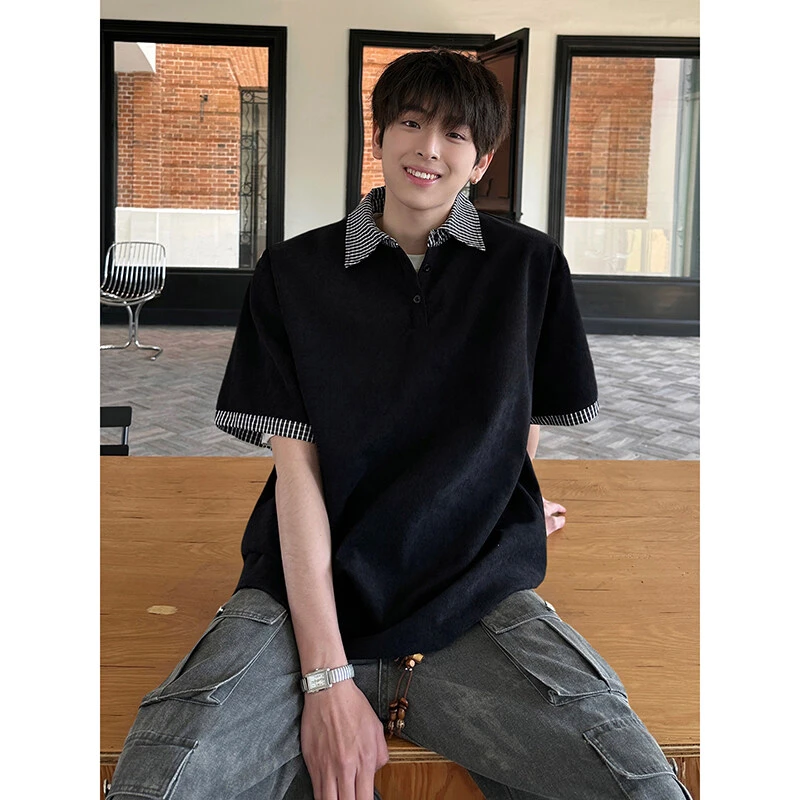 百搭学院风美式短袖t恤男2025夏新款日系vibe拼接宽松半袖体恤衫