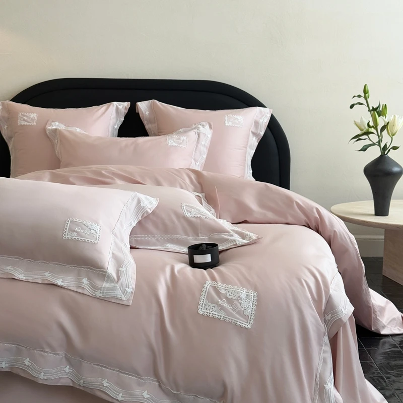法式轻奢风100S长绒棉四件套简约蕾丝边被套床单全棉1.8m床上用品