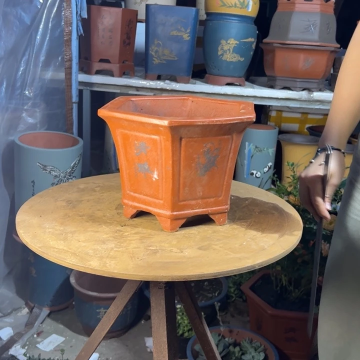 宜兴紫砂花盆25红清雅六方