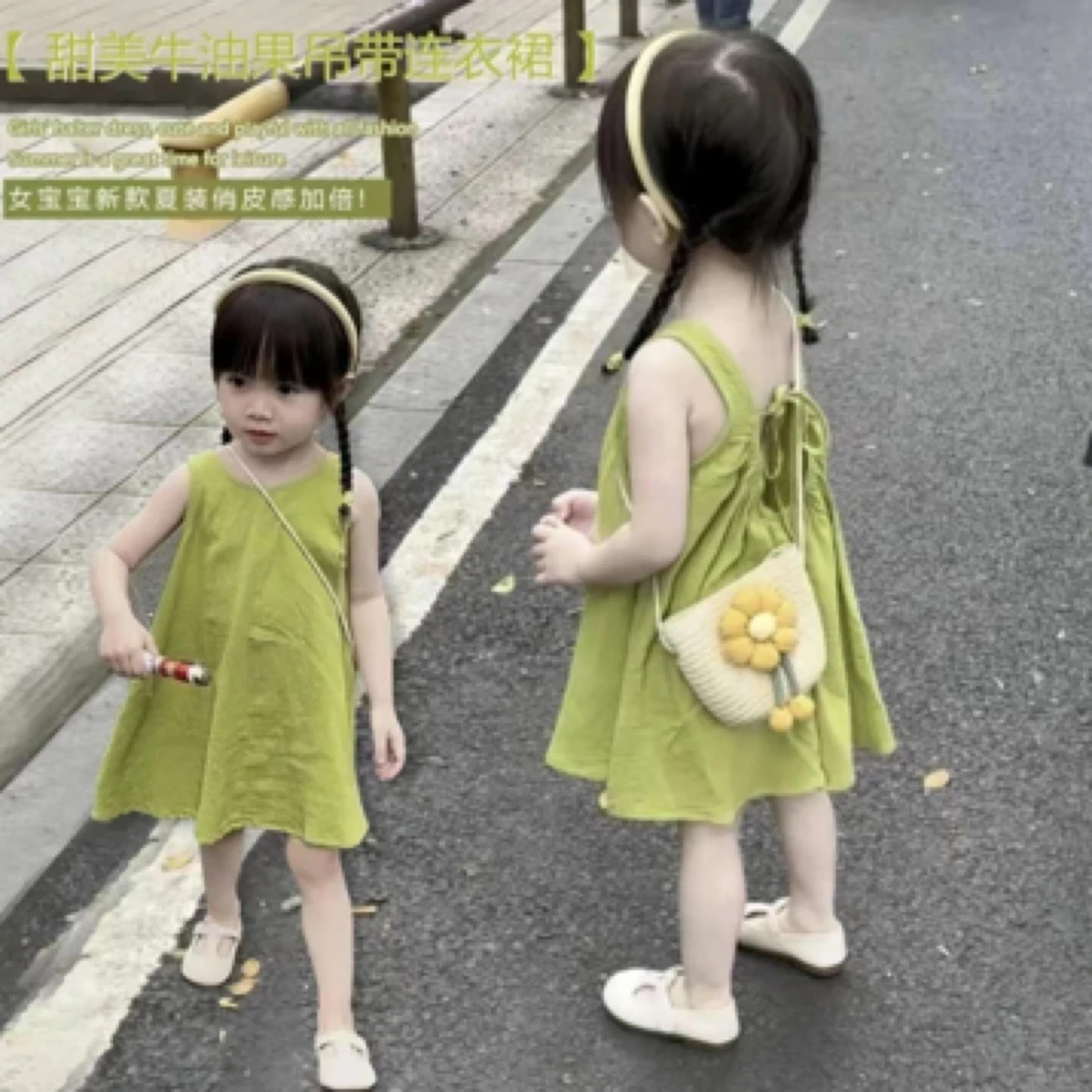 女童吊带裙牛油果色夏装2025新款宝宝无袖连衣裙儿童洋气背心裙子