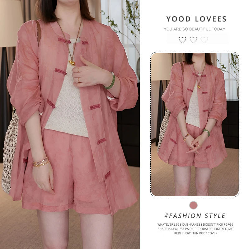 新中式国风套装女夏季高级感别致气质时尚盘扣提花衬衫短裤两件套