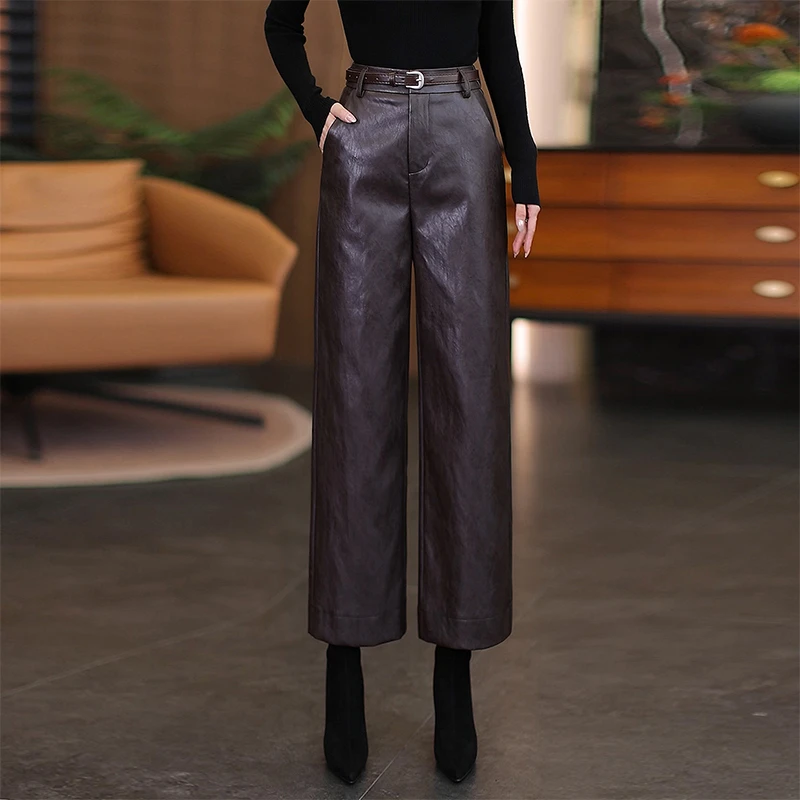拉夏贝尔pu皮休闲裤女2025春秋新款高腰显瘦气质高级感九分阔腿裤
