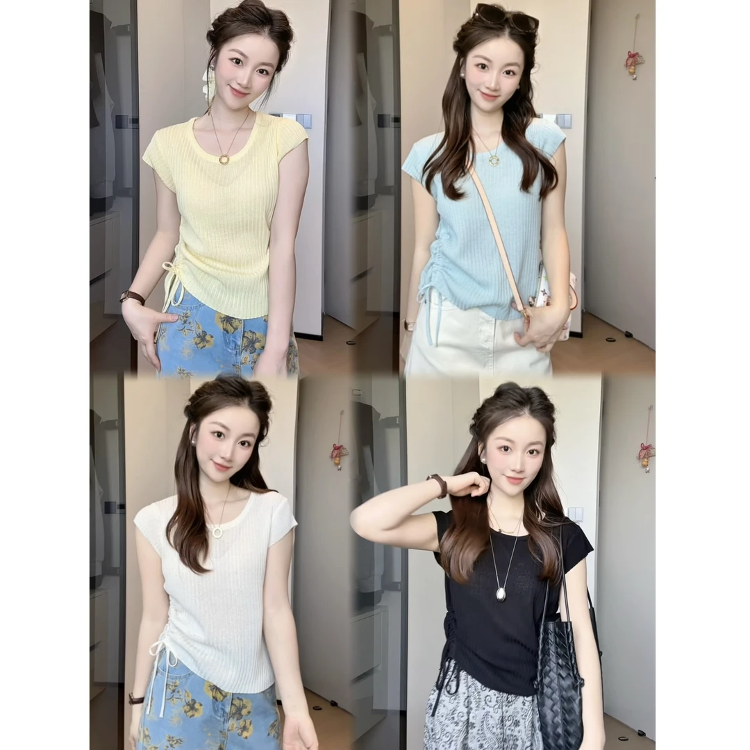 百搭糖果色简约抽绳收腰设计短袖针织衫