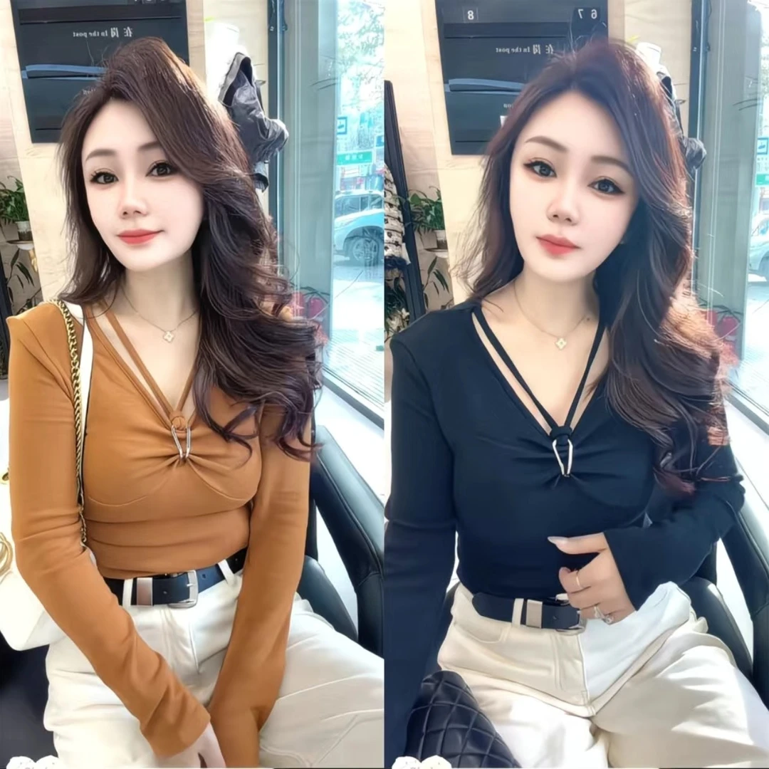 绑带磨毛长袖网红柔软保暖褶皱T恤纯欲女人味百搭V领纯色打底衫