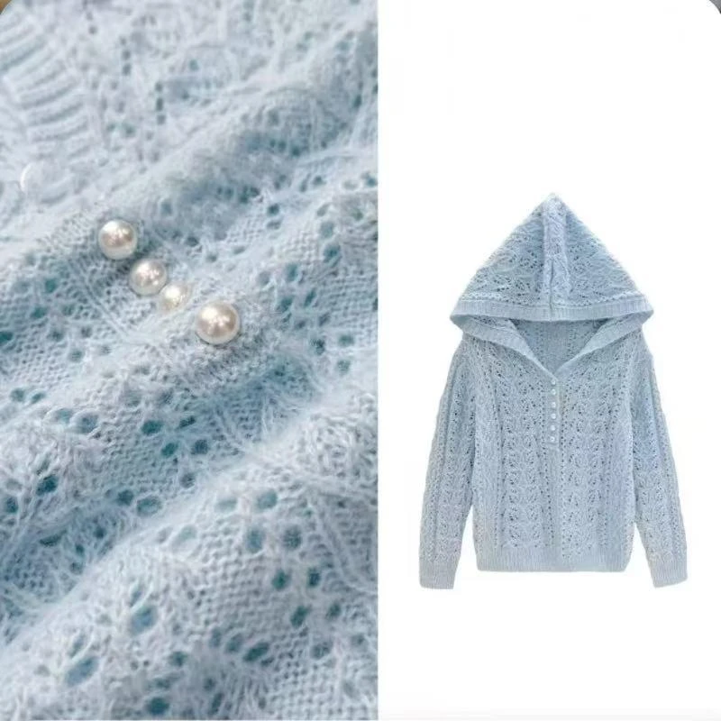 连帽镂空钉珠蕾丝长袖毛衣女2025年春季新款气质时尚气质针织衫女