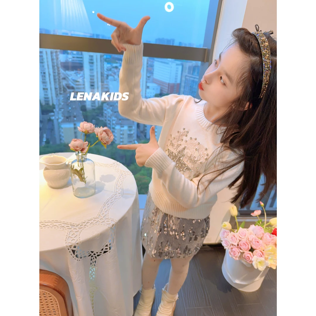 Lenakids【现货】重工气质带钻刺绣闪闪女宝毛衣短裙套装F24083004