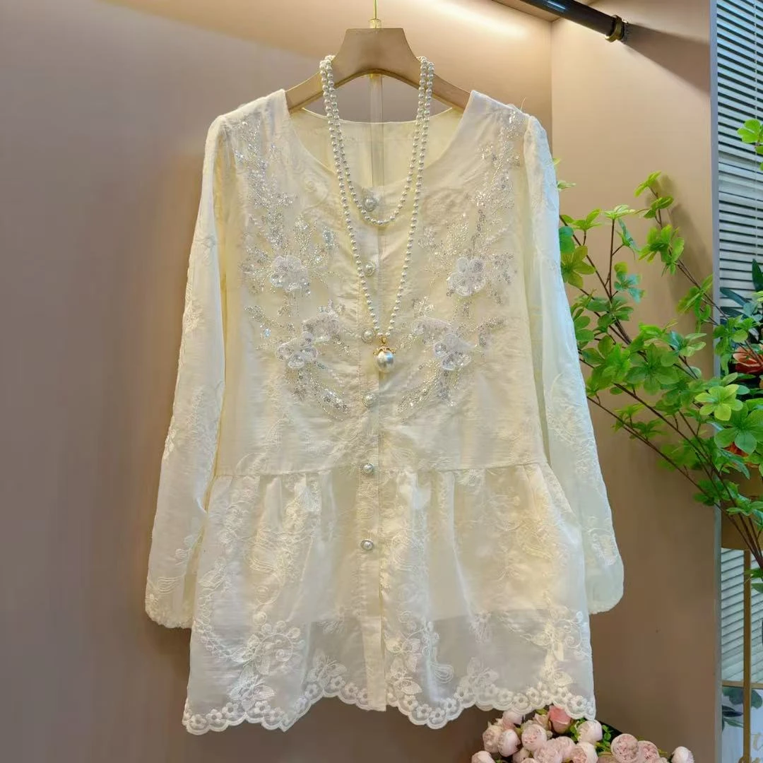 胖MM新款轻奢圆领重工立体花朵设计感气质百搭上衣（长74左右）