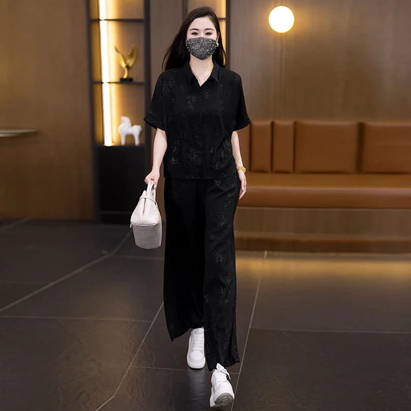 洋气法式夏季阔腿收腰气质高腰休闲运动套装显瘦减龄长裤时尚女装