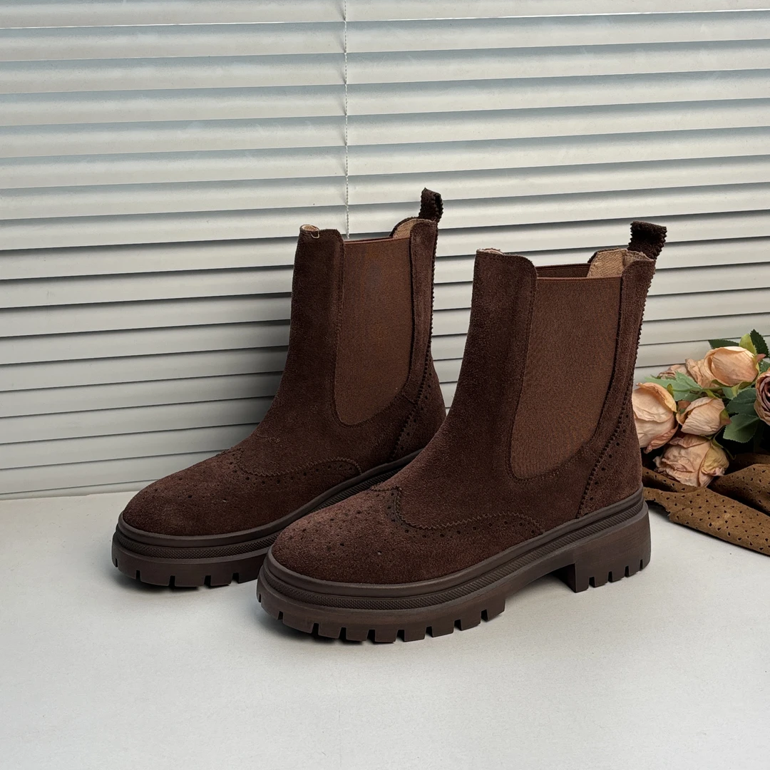 新款复古真皮平底厚底圆头短靴QD699