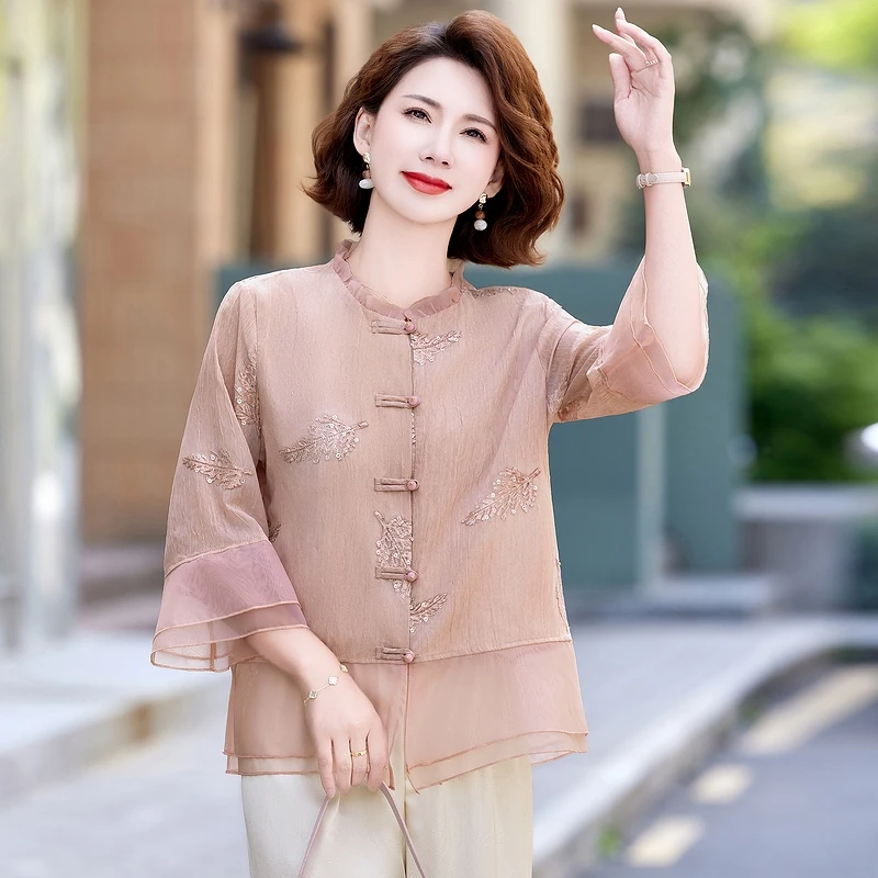 妈妈装春夏衬衣套装新中式刺绣小衫J气质女装直筒裤国风两件套女