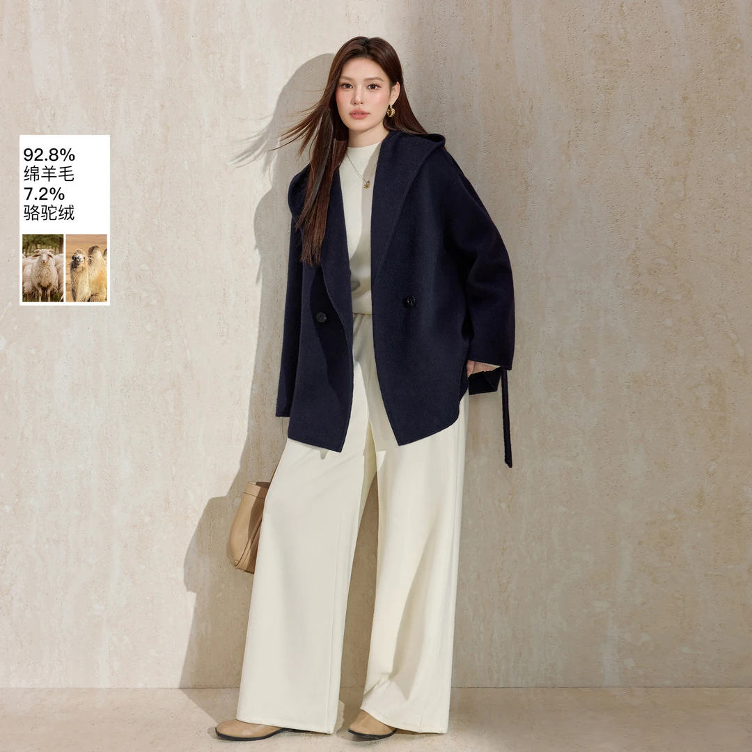 蓝语大码翻领连帽短款绒毛呢大衣宽松落肩双面呢外套冬季新款