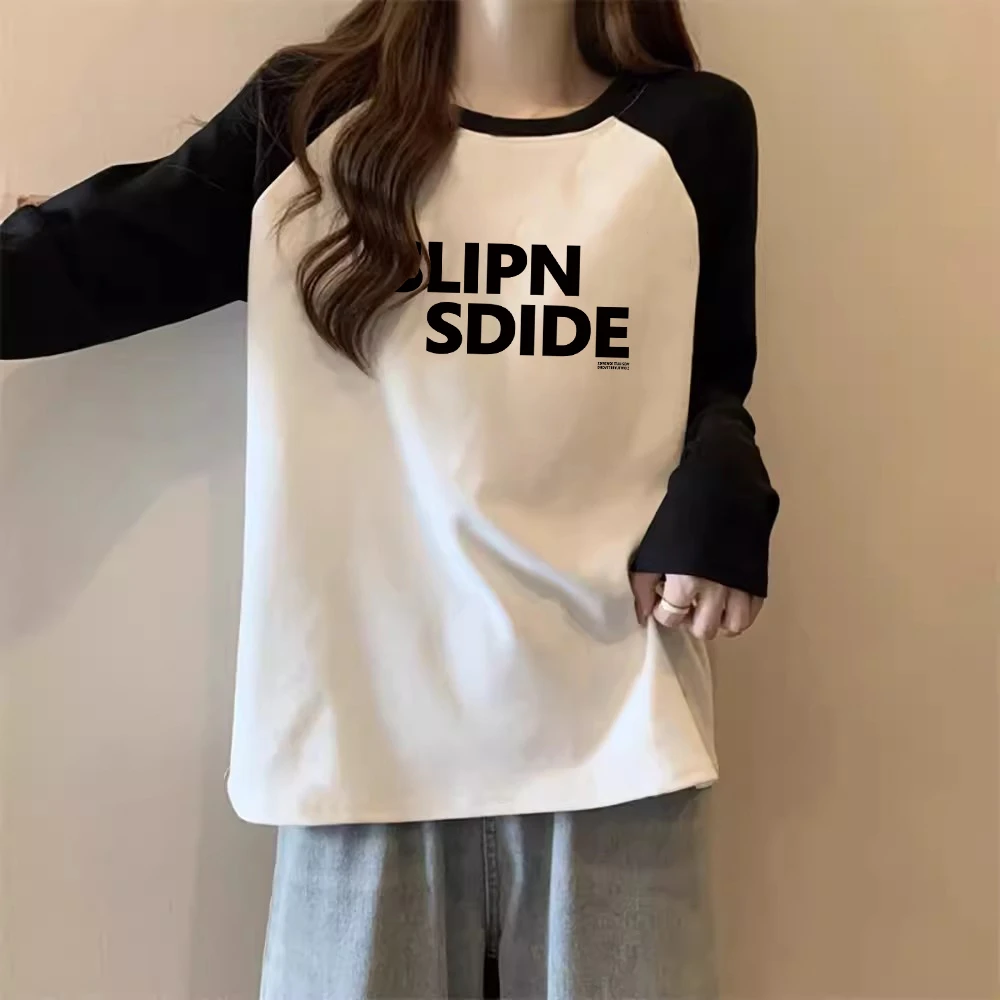 早秋撞色插肩袖长袖t恤女新款2025韩系宽松打底衫巨好看别致上衣
