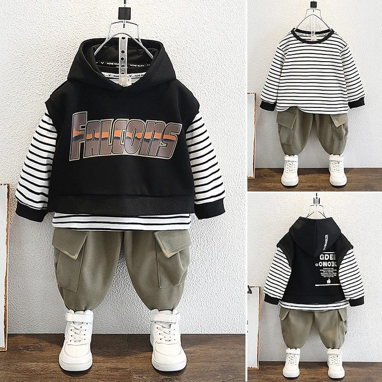 儿童韩版潮酷三件套男童春秋帅气条纹卫衣连帽马甲工装裤三件套装