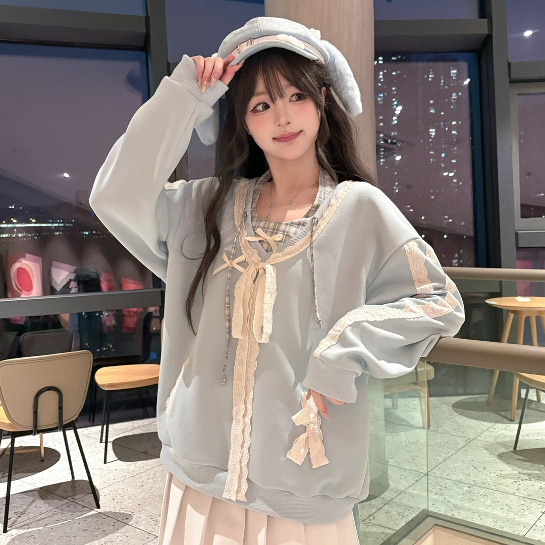 桔梗house现货格子兔早春韩系甜美奶fufu少女蕾丝蝴蝶结连帽卫衣