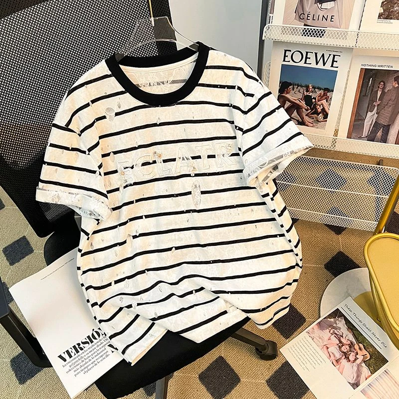 夏季破洞条纹短袖T恤女韩版宽松休闲ins显瘦时尚薄款小众撞色上衣