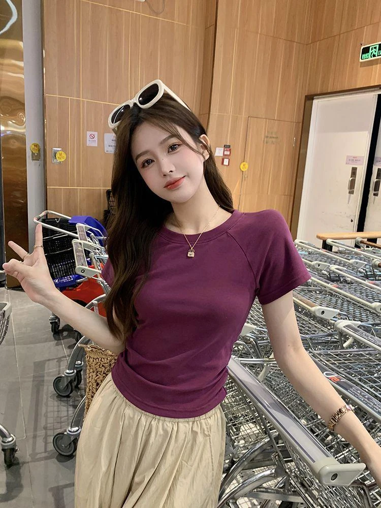 复古小心机短款后背镂空chic白色T恤女短袖2025夏季褶皱收腰上衣