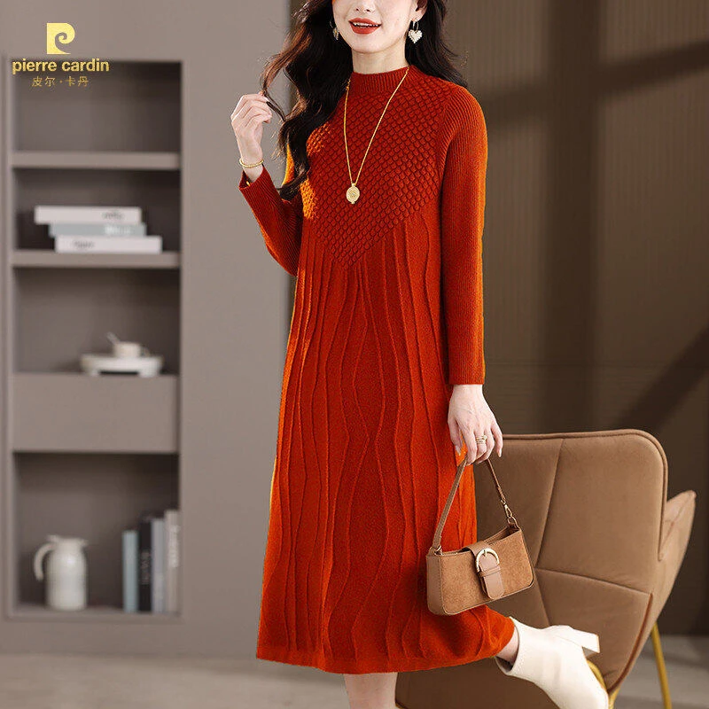 皮尔卡丹秋冬女士流行时尚连衣裙显瘦气质针织打底宽松中长款修身