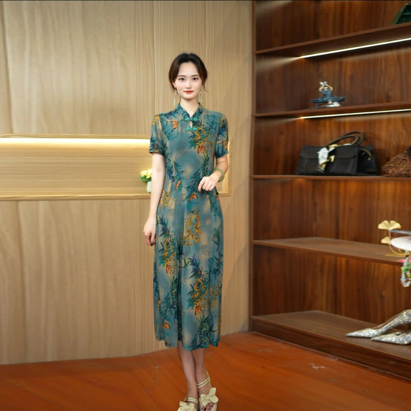 A-262国风气质短袖改良旗袍连衣裙2025中式夏季改良版妈妈裙子