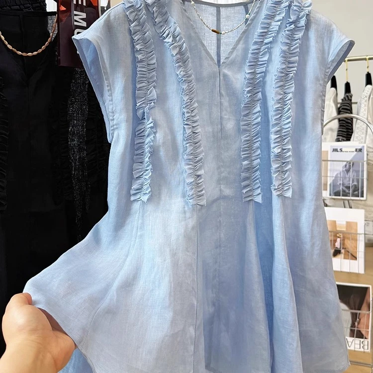 高端纯亚麻修身无袖V领木耳边上衣女夏系带外穿马甲背心气质小衫
